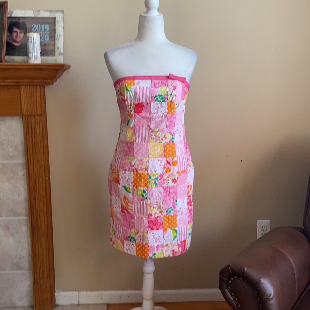 Lilly Pulitzer Pink Orange Yellow Patchwork Strapless Dress - Picture 3 of 11